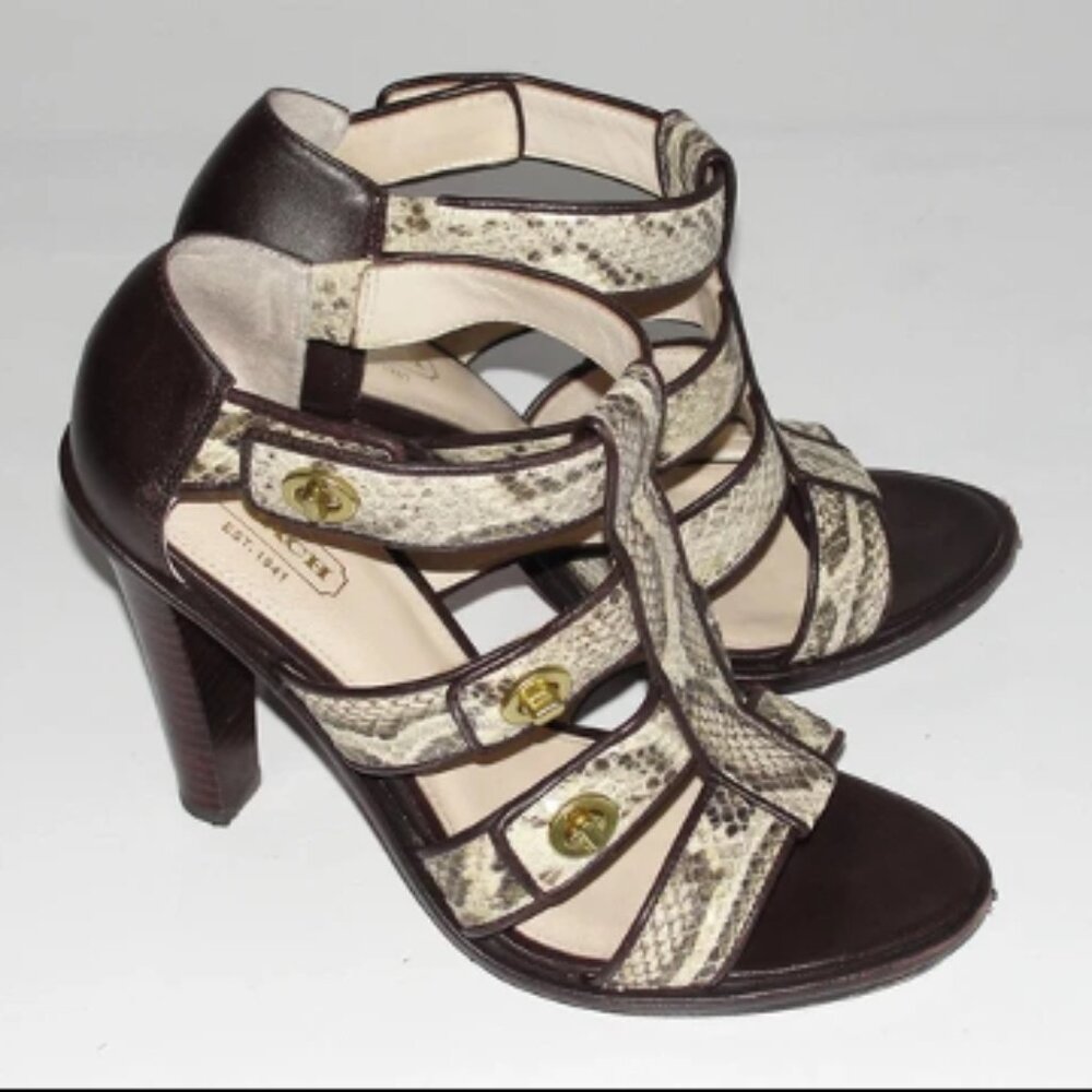 COACH~SNAKESKIN~GOLD TURNLOCK *TAMARAH* 4" STACKED WOOD~ HEELS~PUMPS SANDALS